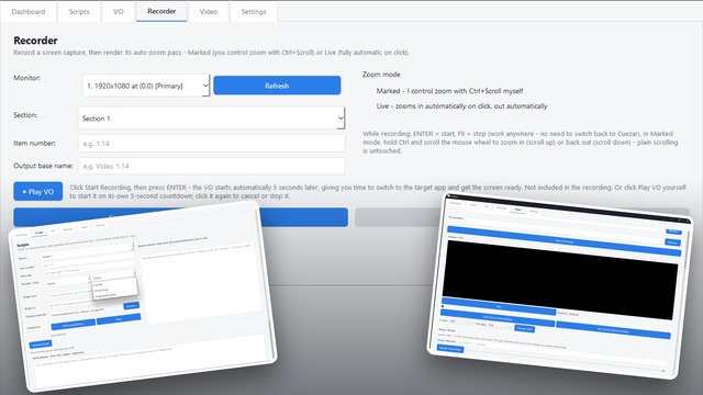 Cuezar screen recording and training video pipeline